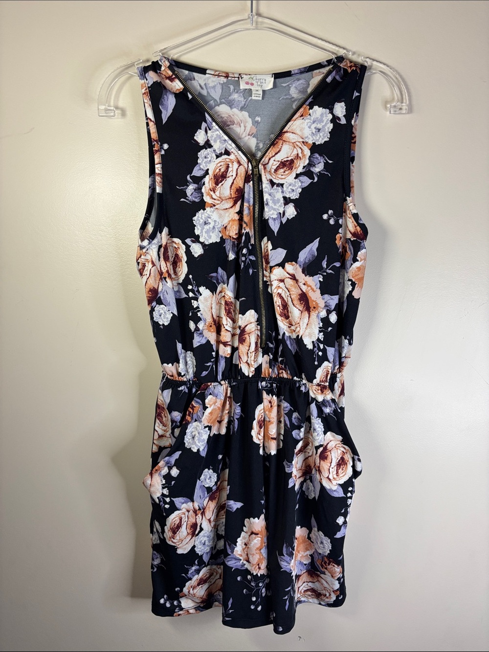 Sleeveless Floral Zip-Front Romper in Black and Peach